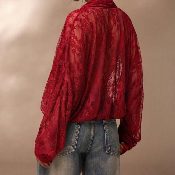 Red Sexy Women's Patterned Sheer Kimono Blouse - Picture 2 of 6